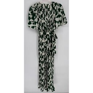 Sapphire Womens Green White Geometric Pleated Wide Leg Jumpsuit Belted Sz M